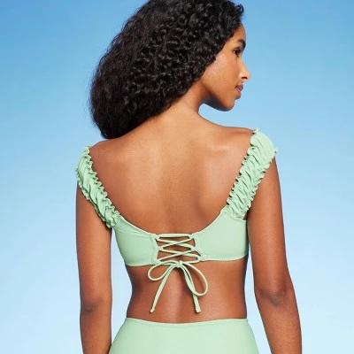 Women's Shirred Off The Shoulder Bralette Lace-Up Bikini Top - Shade & Shore™ Light Green 3 Women's Shirred Off The Shoulder Bralette Lace-Up Bikini Top - Shade & Shore™ Light Green