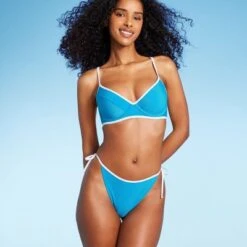 Women's Side-Tie Ribbed Hipster Bikini Bottom - Shade & Shore™ Blue