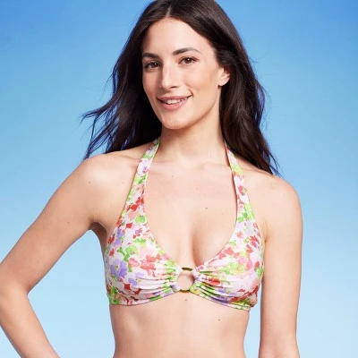 Women's Halter Center Front Ring Bralette Bikini Top - Shade & Shore™ Multi Floral Print 4 Women's Halter Center Front Ring Bralette Bikini Top - Shade & Shore™ Multi Floral Print - Image 2