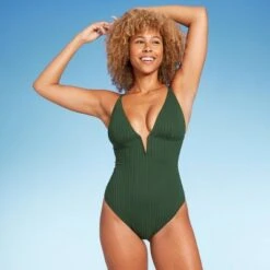 Women's Ribbed Plunge Front V-Wire One Piece Swimsuit - Shade & Shore™ Dark Green -Clothing Sales Store GUEST 3deb99a2 13fa 47e5 85fe db7a091c01dc