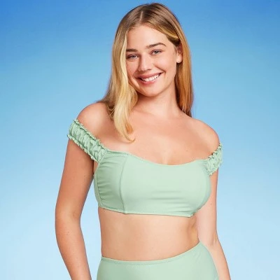 Women's Shirred Off The Shoulder Bralette Lace-Up Bikini Top - Shade & Shore™ Light Green 6 Women's Shirred Off The Shoulder Bralette Lace-Up Bikini Top - Shade & Shore™ Light Green - Image 4