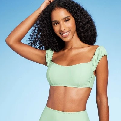 Women's Shirred Off The Shoulder Bralette Lace-Up Bikini Top - Shade & Shore™ Light Green 4 Women's Shirred Off The Shoulder Bralette Lace-Up Bikini Top - Shade & Shore™ Light Green - Image 2