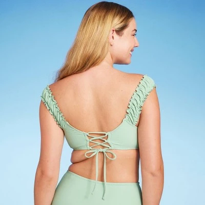 Women's Shirred Off The Shoulder Bralette Lace-Up Bikini Top - Shade & Shore™ Light Green 5 Women's Shirred Off The Shoulder Bralette Lace-Up Bikini Top - Shade & Shore™ Light Green - Image 3