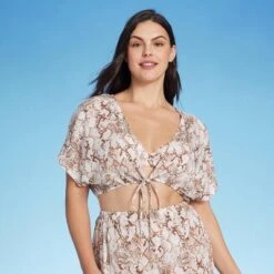 Women's Tie-Front Short Sleeve Cover Up Crop Top - Shade & Shore™ Tan Snake Print -Clothing Sales Store GUEST 8f8ed807 e5e6 460f 8791 51cfdfa30291