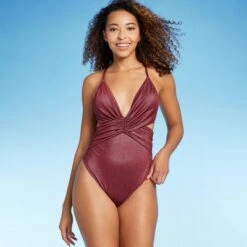 Women's Monokini Plunge Cut Out High Leg Lurex One Piece Swimsuit - Shade & Shore™ Burgundy -Clothing Sales Store GUEST 90a2b847 f324 4417 b4f8 0f192ba9990e