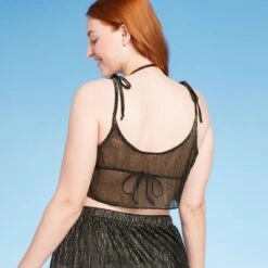 Women's Tie Detail Lurex Cropped Cover Up Top - Shade & Shoreâ„¢ Black