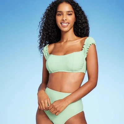Women's Shirred Off The Shoulder Bralette Lace-Up Bikini Top - Shade & Shore™ Light Green 9 Women's Shirred Off The Shoulder Bralette Lace-Up Bikini Top - Shade & Shore™ Light Green - Image 7