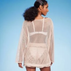 Women's Long Sleeve Crochet Cover Up Sweater - Shade & Shore™ Light Brown